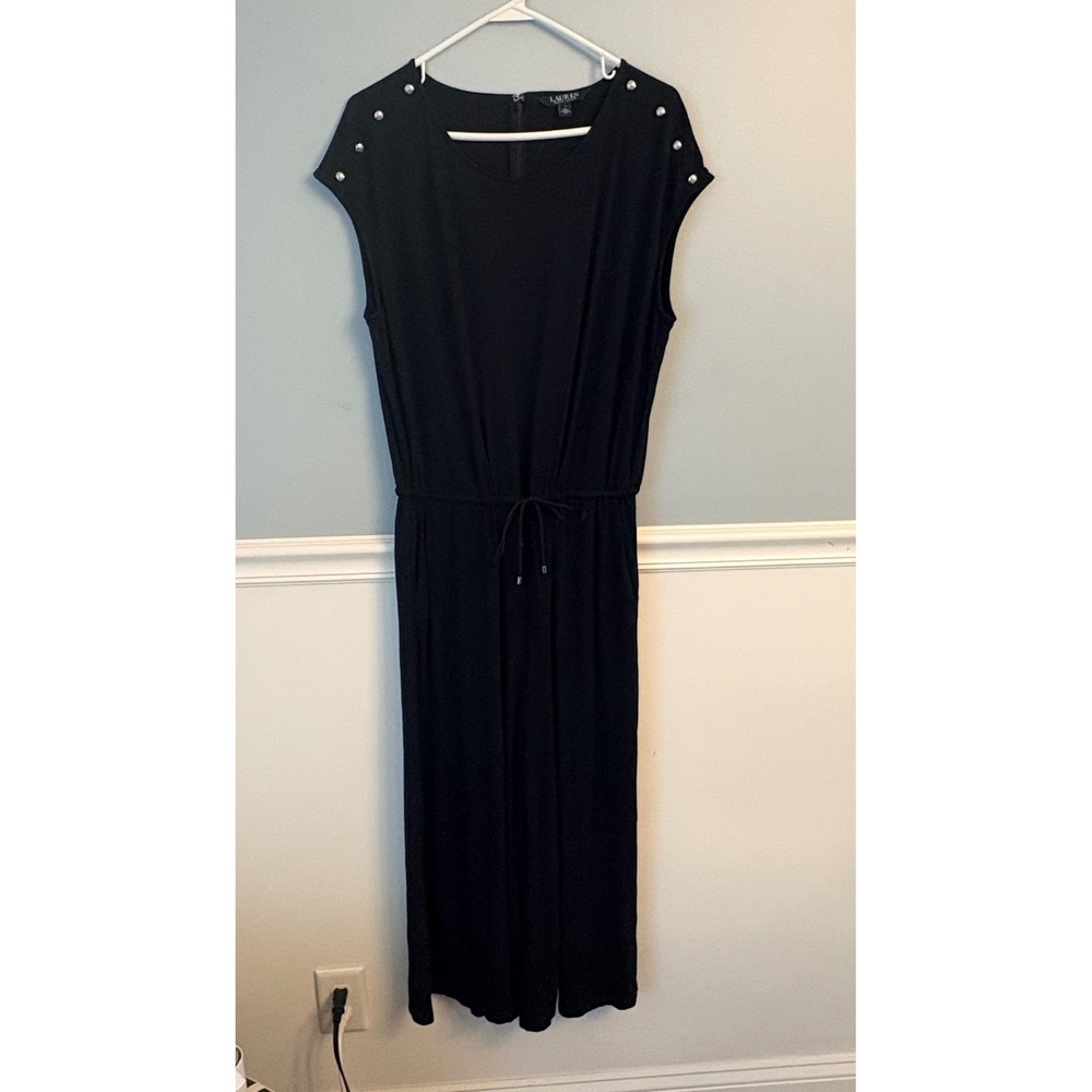 Lauren Ralph Lauren Black Wide Leg Jumpsuit Crest Button Shoulder Drawstring L